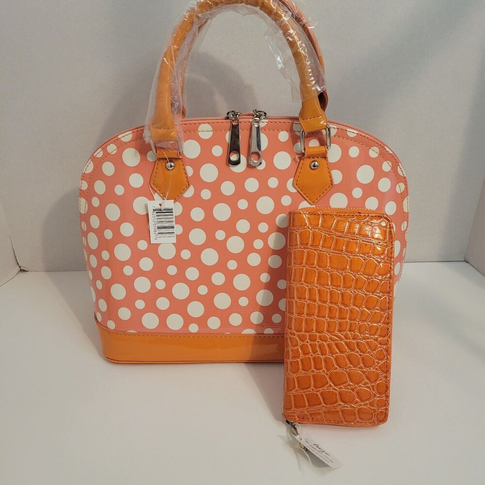 Trezo Polka Dot Handbag & Wallet Set Peach Orange Patent‎ Purse NWT